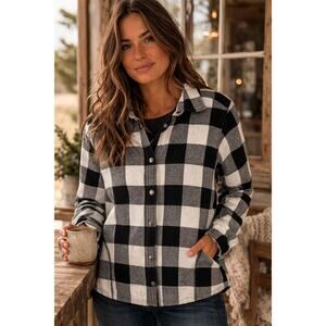 Orvis women's Sz L cotton fleece-lined flannel jacket B&W buffalo plaid pattern